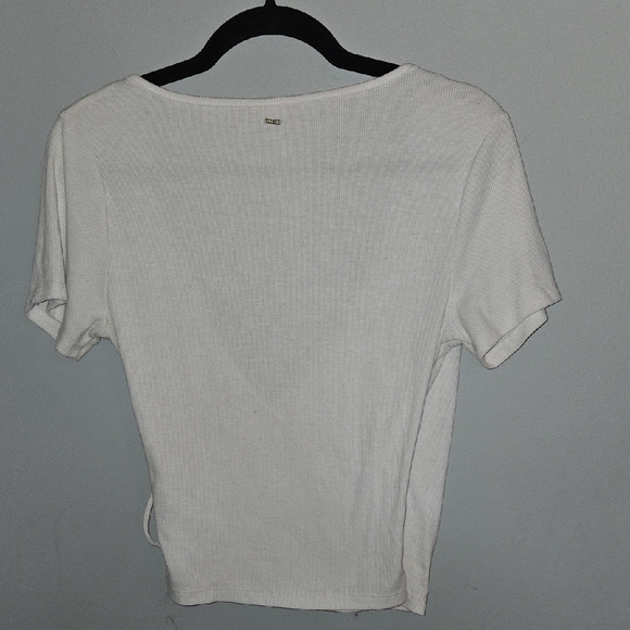 Large Guess White Ribbed Short Sleeve Wrap Top Classic Minimalist Basic Simple - Picture 5 of 6